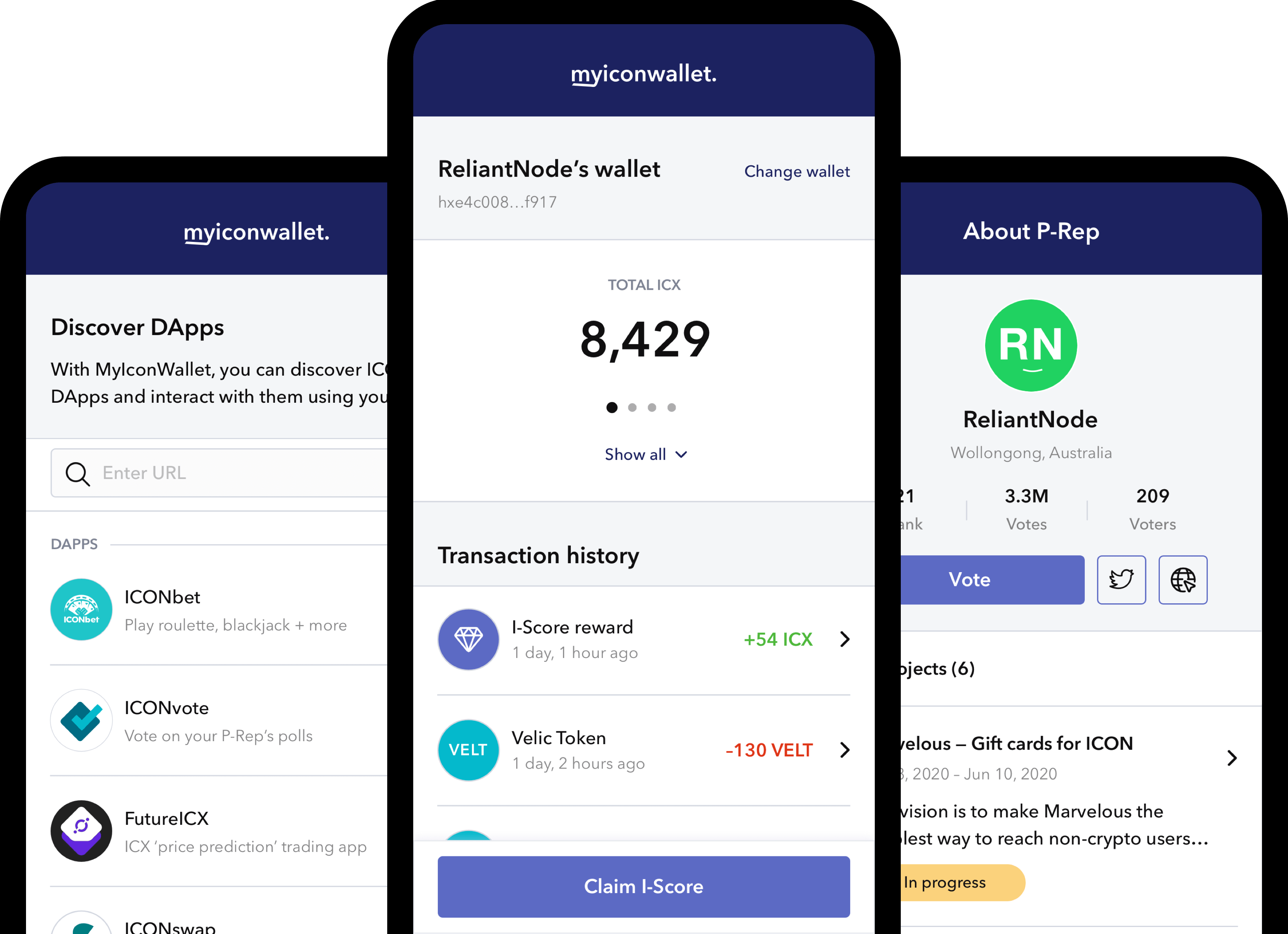 three phones showing MyIconWallet app